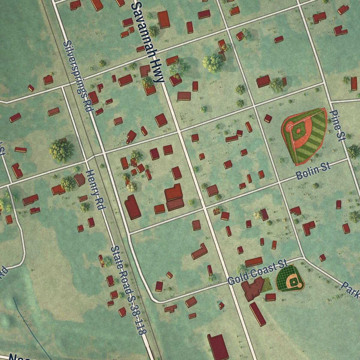 Close-up of the map of Neeses, South Carolina print showing street and building detail
