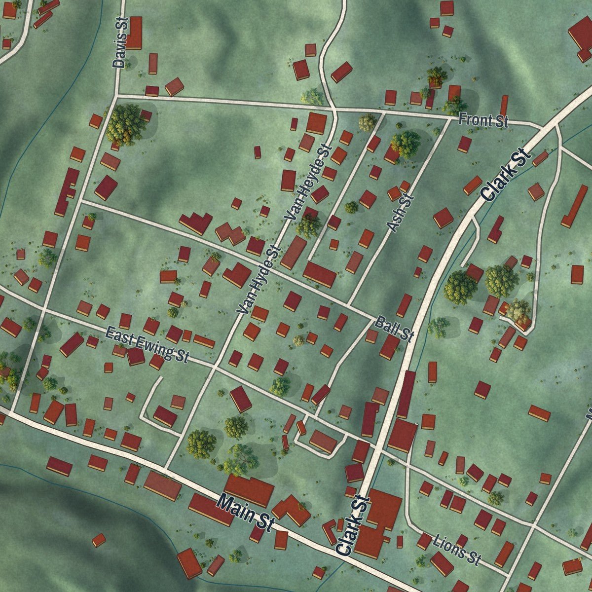 Close-up of the map of New Straitsville, Ohio print showing street and building detail