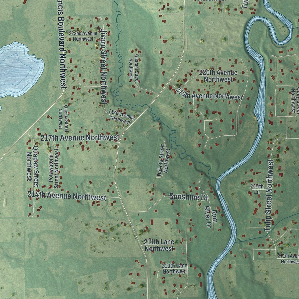 Close-up of the map of Oak Grove, Minnesota print showing street and building detail
