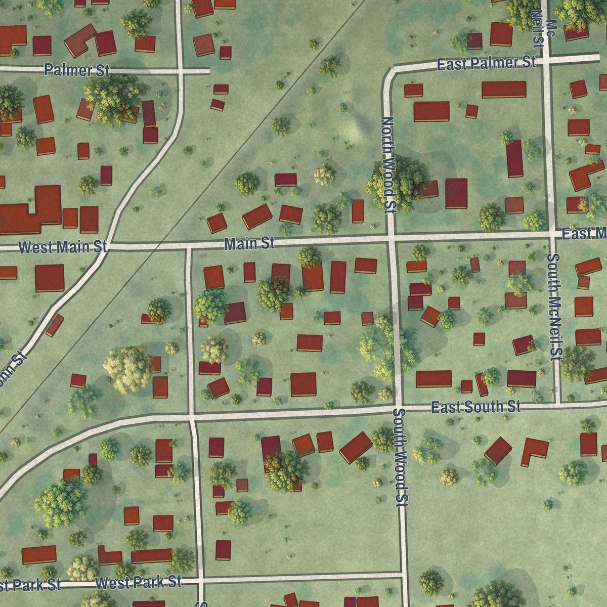 Close-up of the map of Thawville, Illinois print showing street and building detail