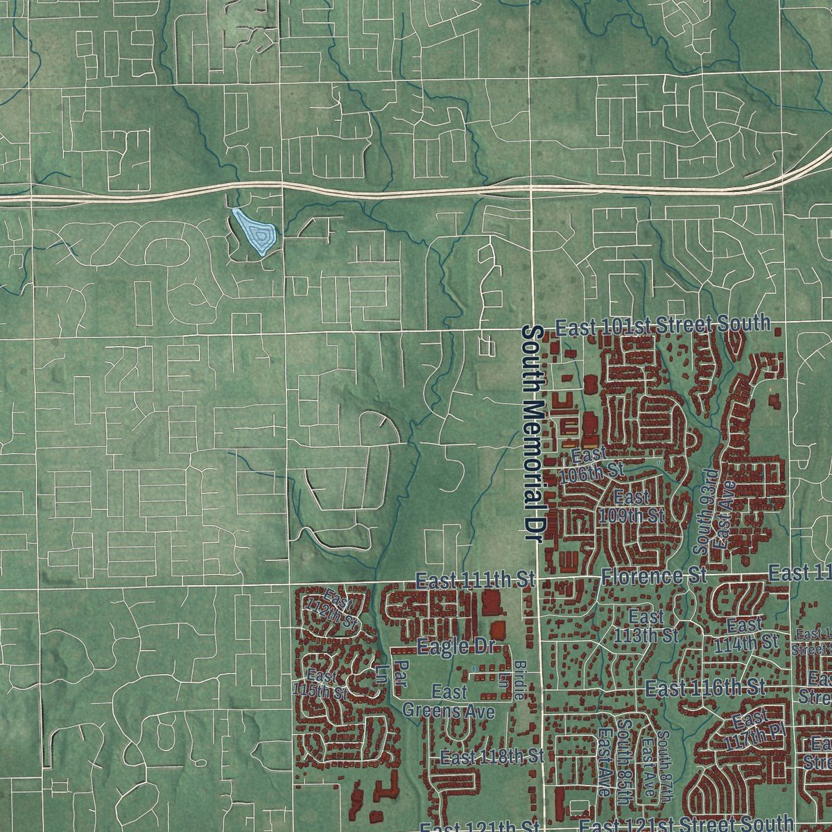 Close-up of the map of Bixby, Oklahoma print showing street and building detail