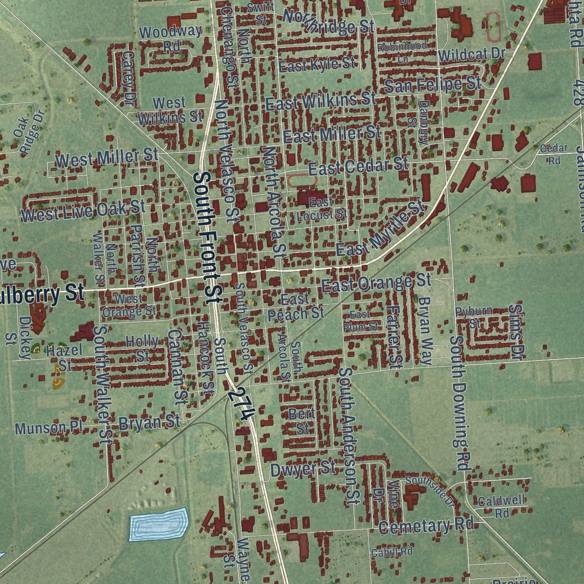 Close-up of the map of Angleton, Texas print showing street and building detail