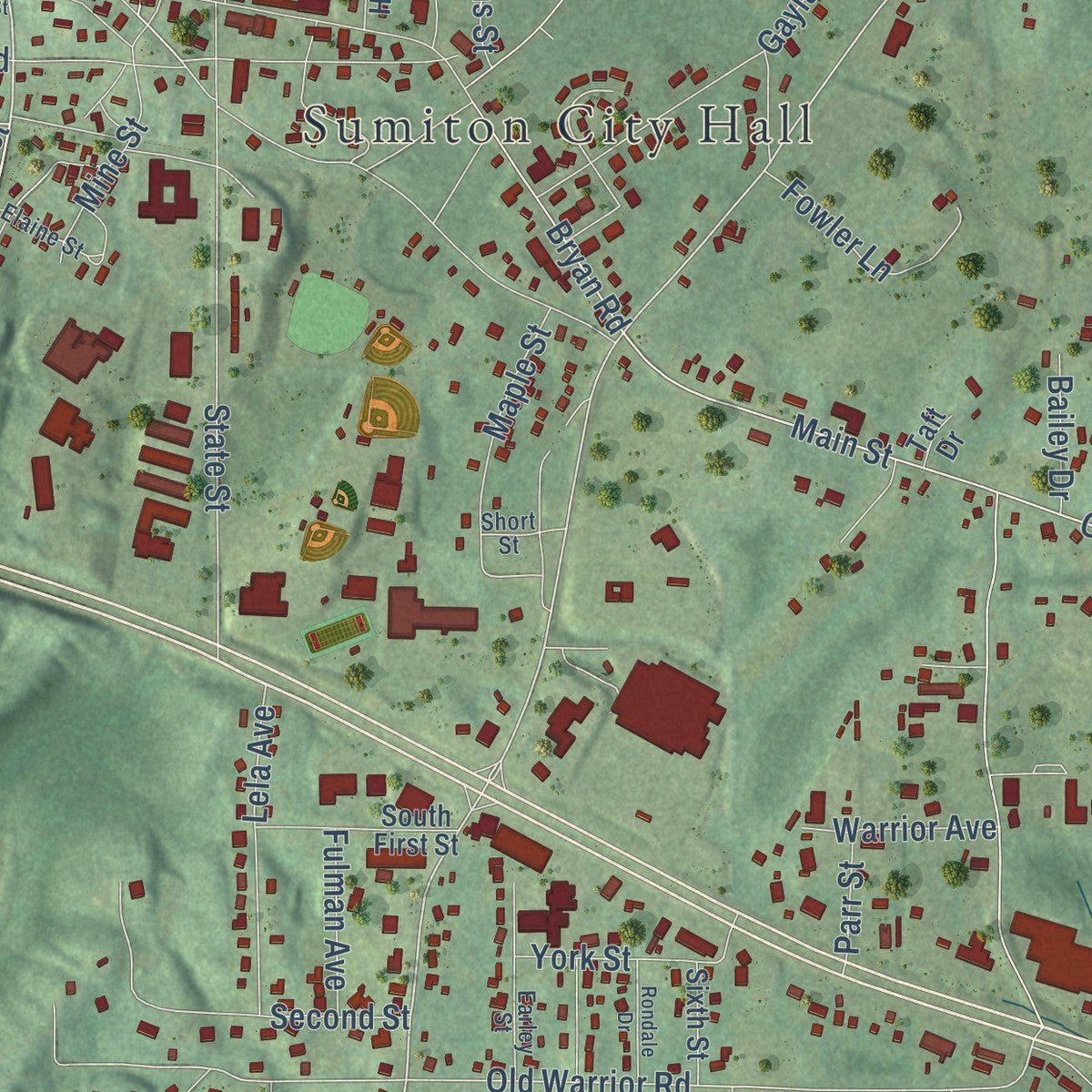 Close-up of the map of Sumiton, Alabama print showing street and building detail