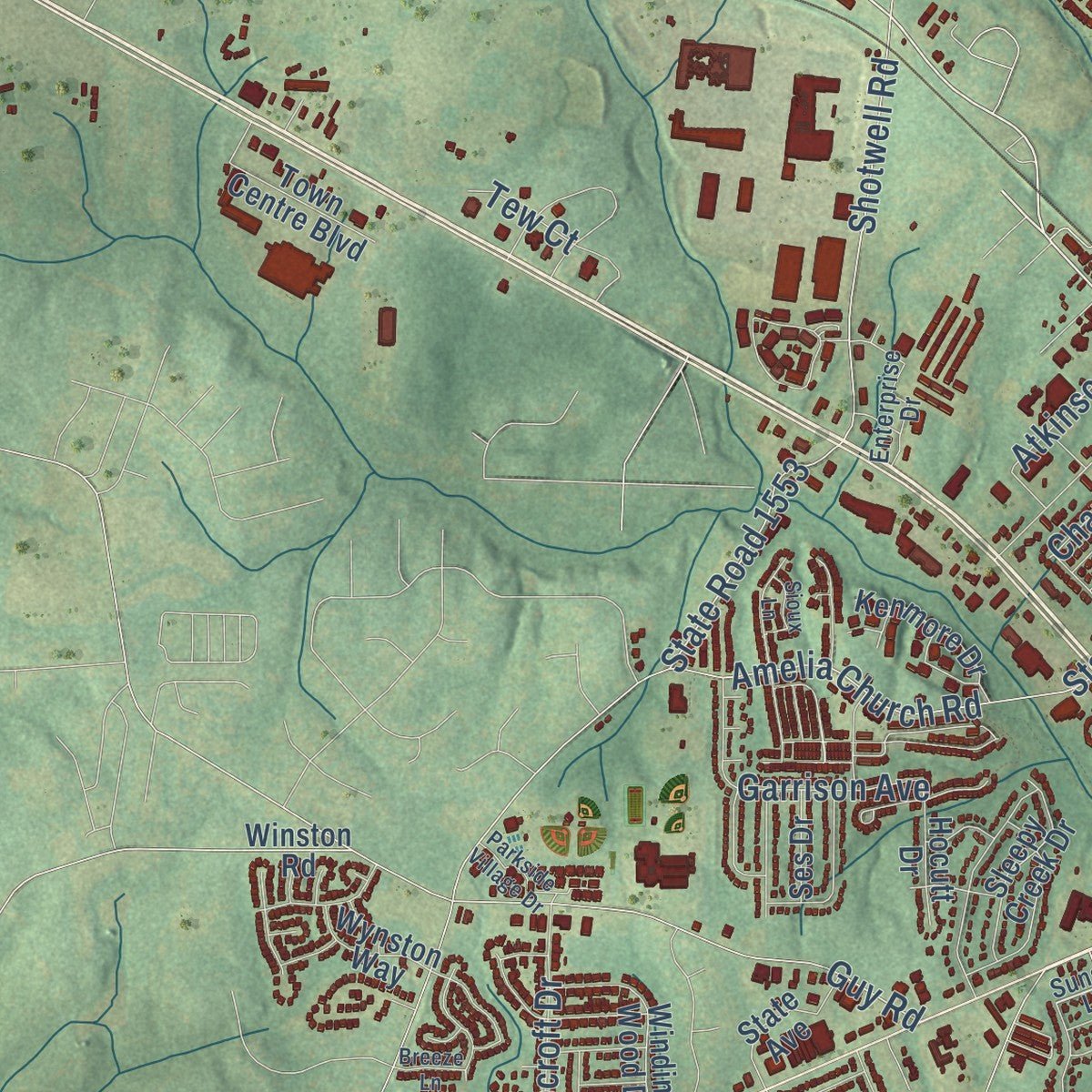 Close-up of the map of Clayton, North Carolina print showing street and building detail