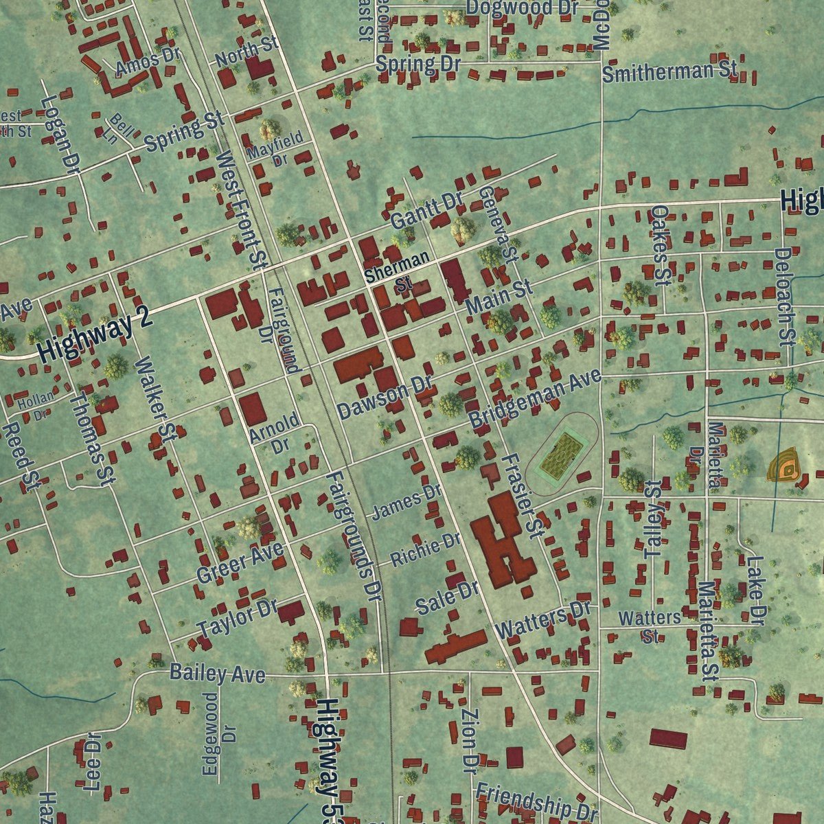 Close-up of the map of Haynesville, Louisiana print showing street and building detail