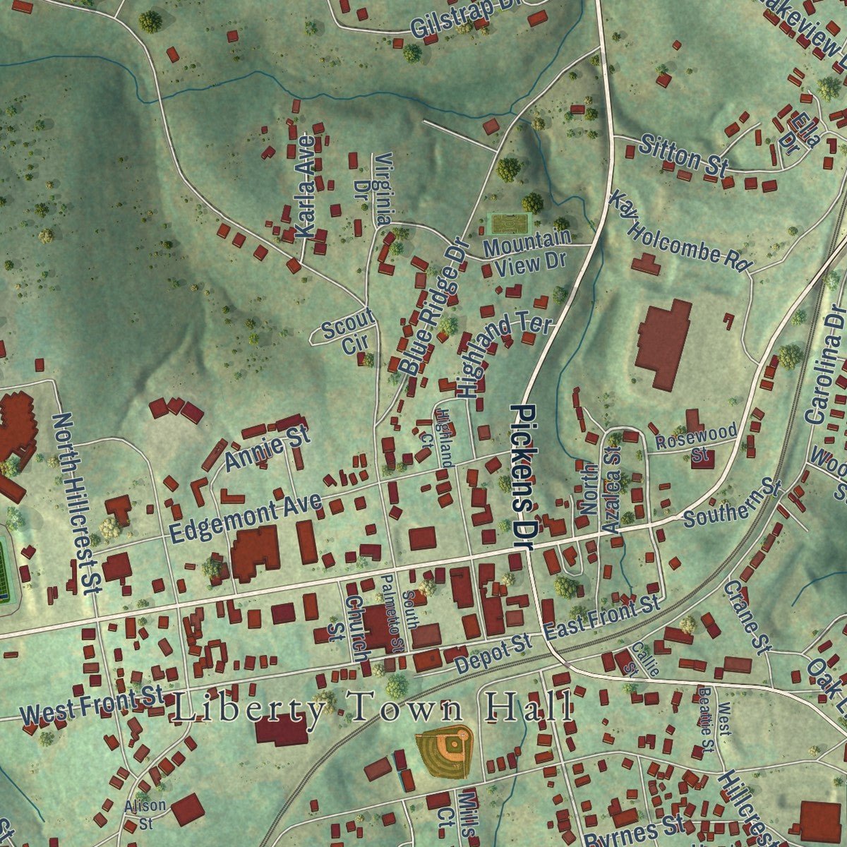 Close-up of the map of Liberty, South Carolina print showing street and building detail