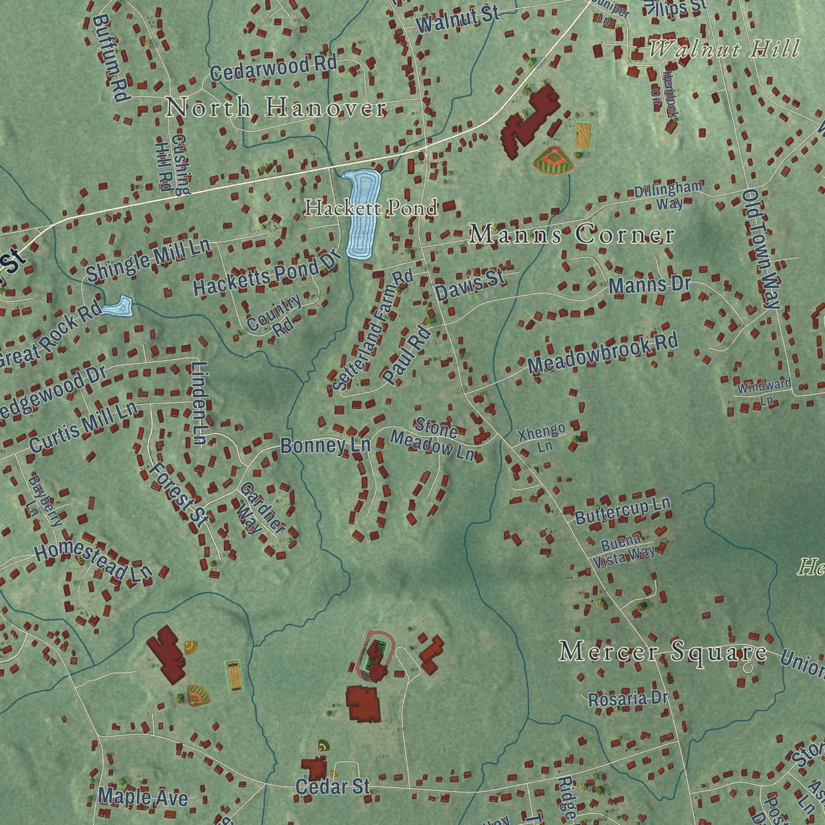 Close-up of the map of Hanover, Massachusetts print showing street and building detail