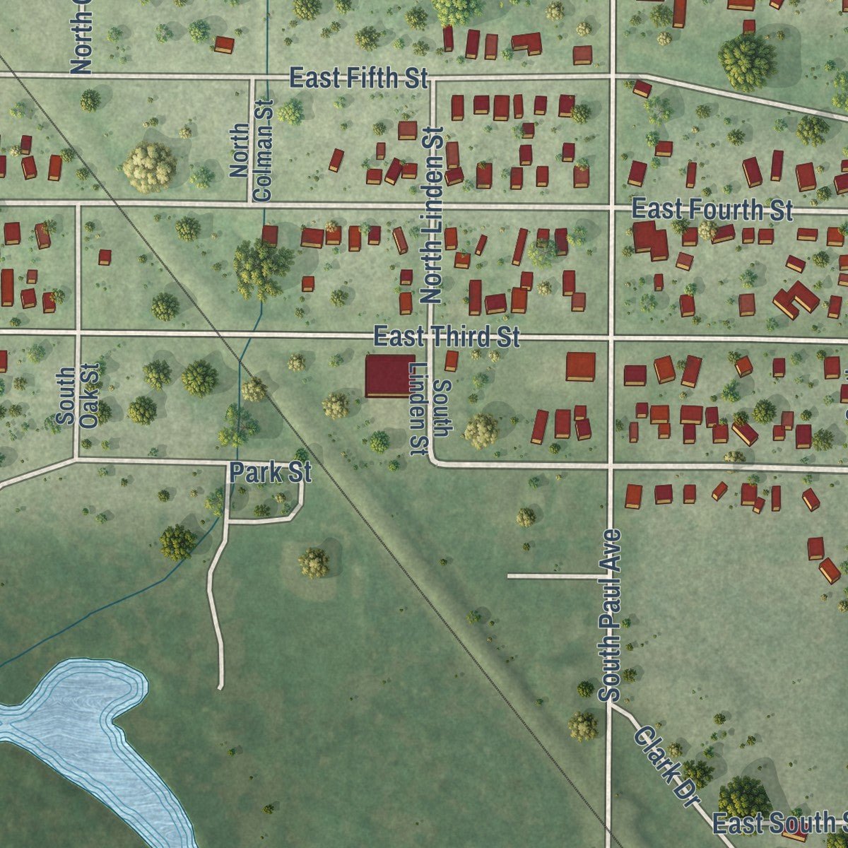 Close-up of the map of Owen, Wisconsin print showing street and building detail