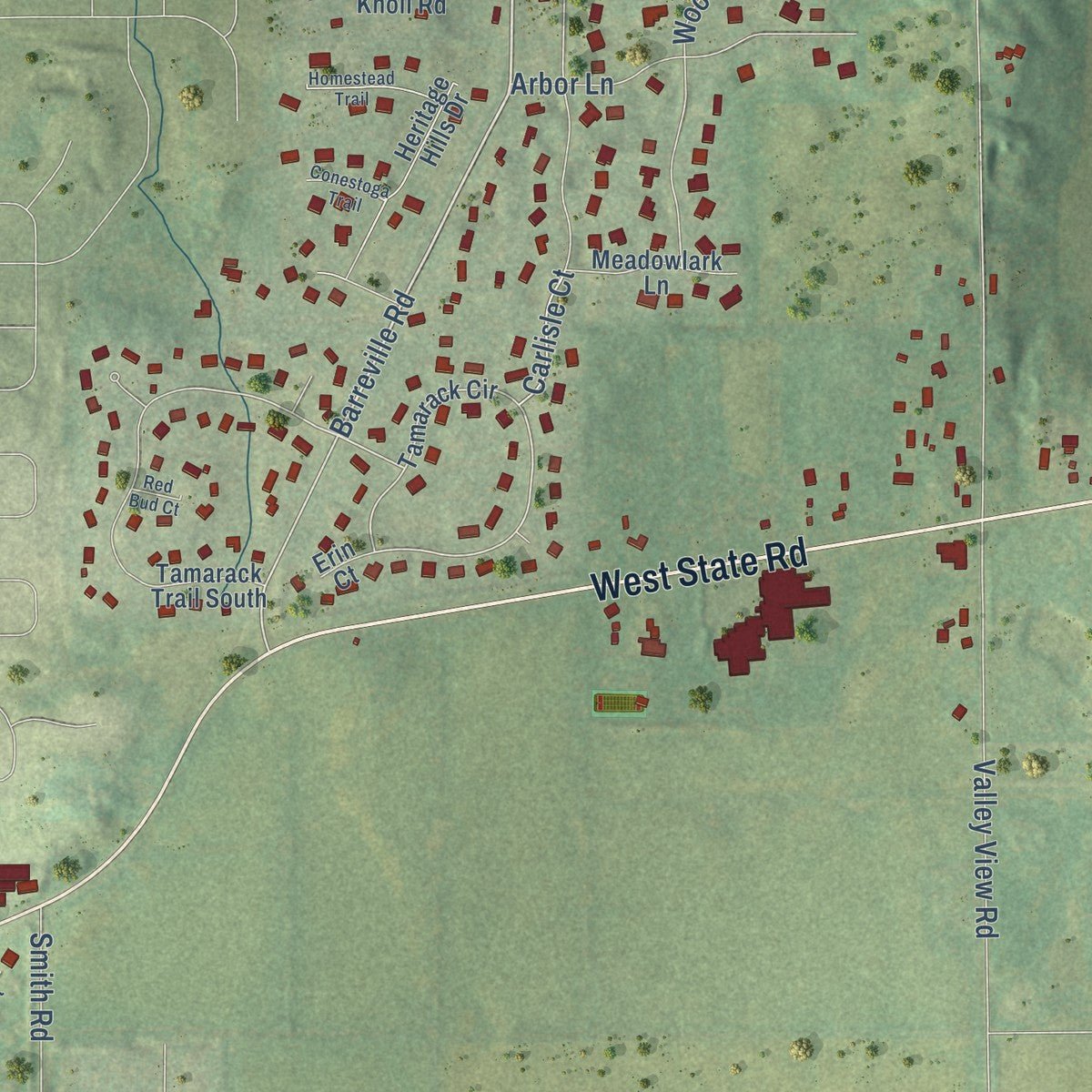 Close-up of the map of Prairie Grove, Illinois print showing street and building detail