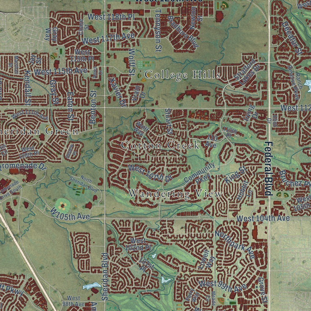 Close-up of the map of Westminster, Colorado print showing street and building detail