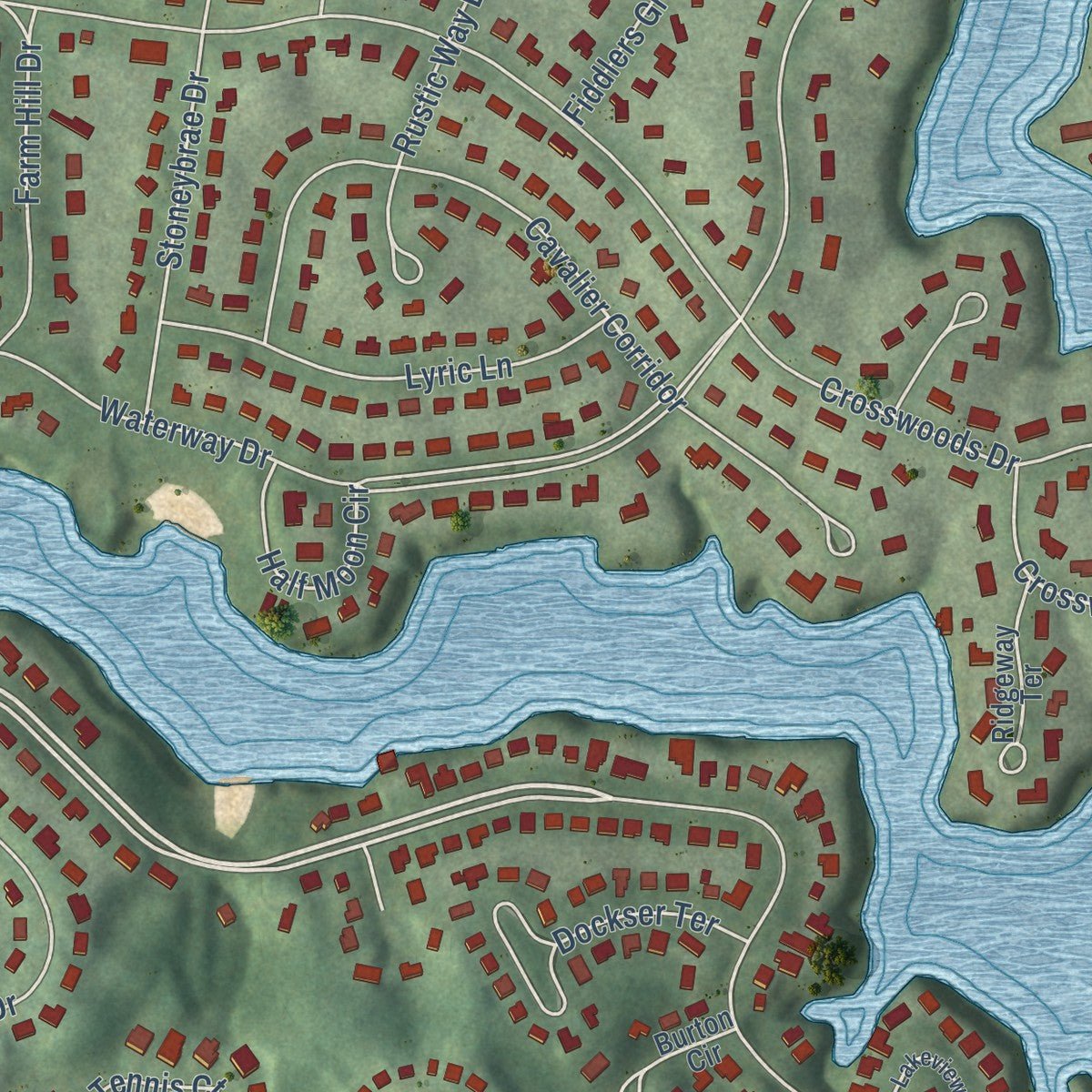 Close-up of the map of Lake Barcroft, Virginia print showing street and building detail