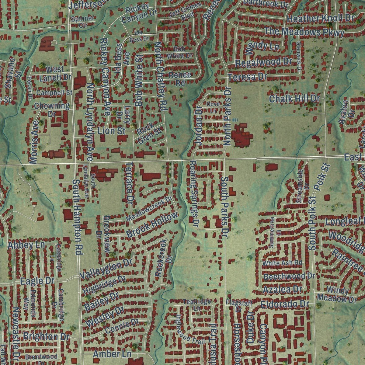 Close-up of the map of DeSoto, Texas print showing street and building detail