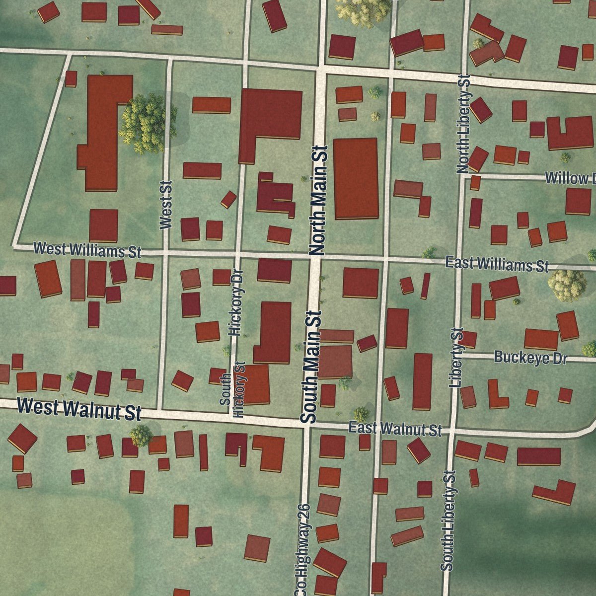 Close-up of the map of Marengo, Ohio print showing street and building detail