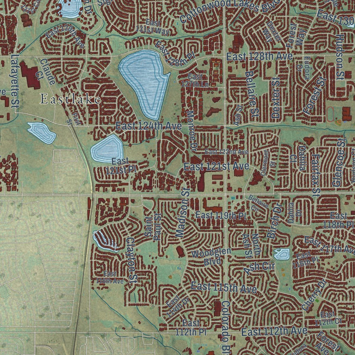 Close-up of the map of Thornton, Colorado print showing street and building detail