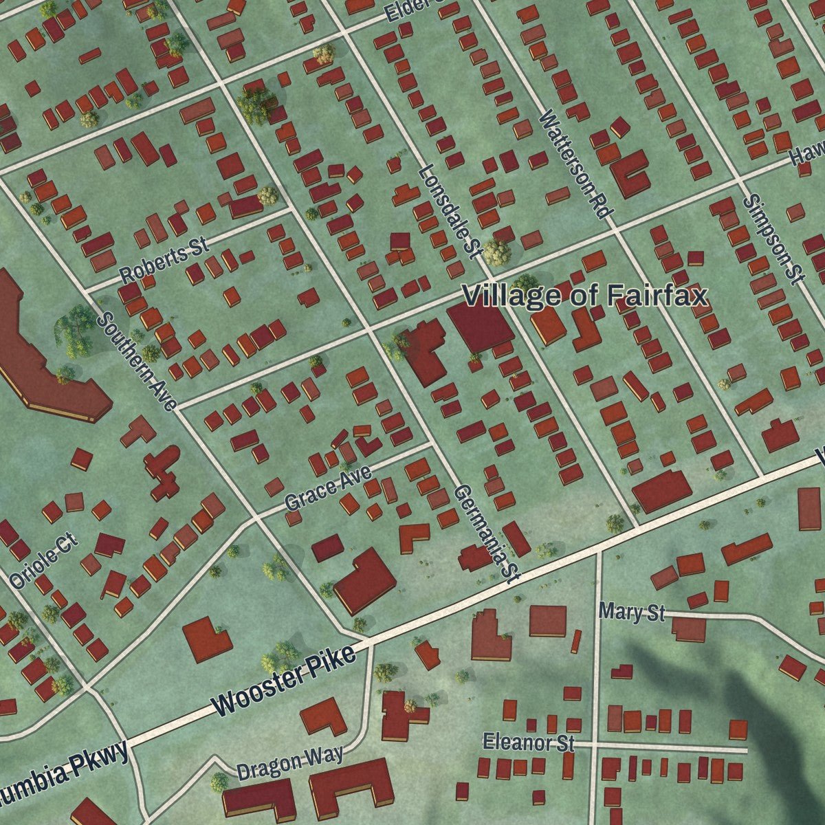 Close-up of the map of Fairfax, Ohio print showing street and building detail