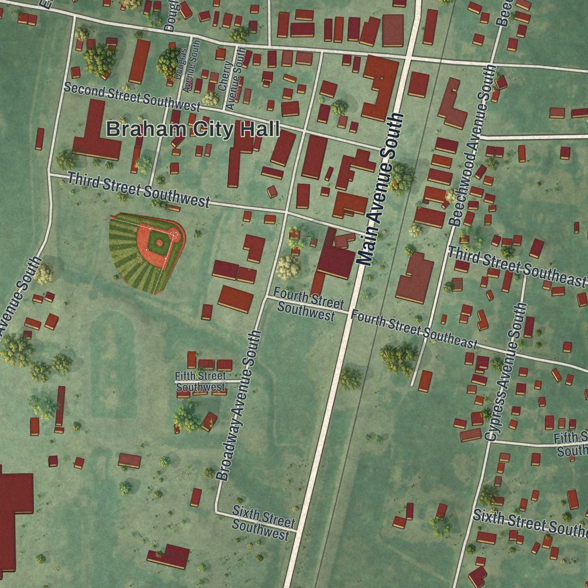 Close-up of the map of Braham, Minnesota print showing street and building detail
