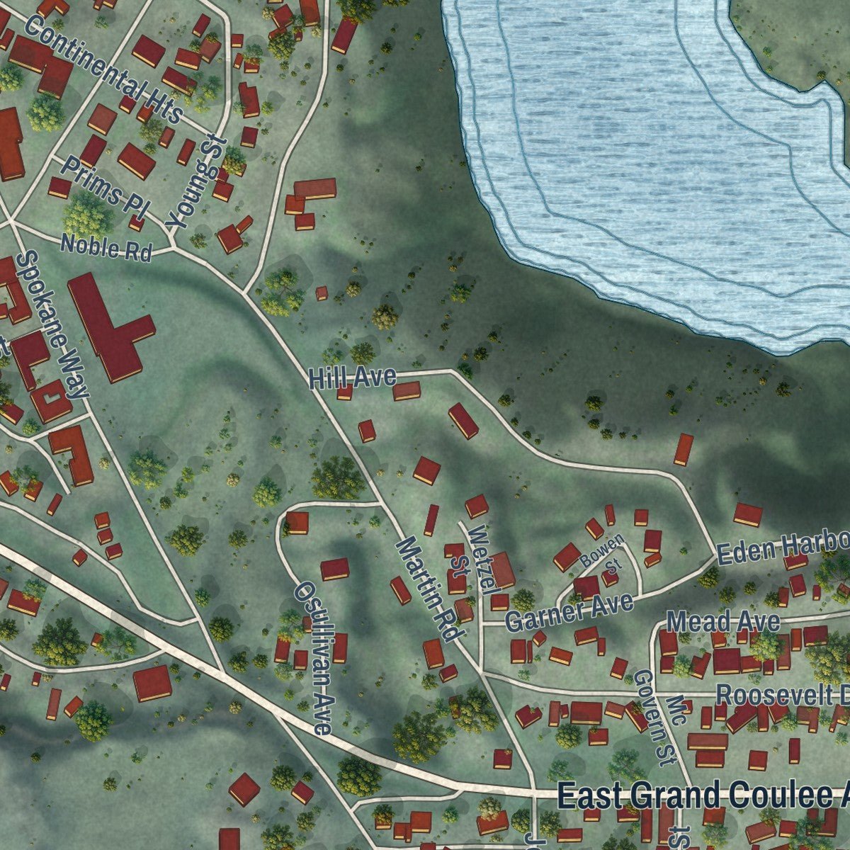 Close-up of the map of Grand Coulee, Washington print showing street and building detail
