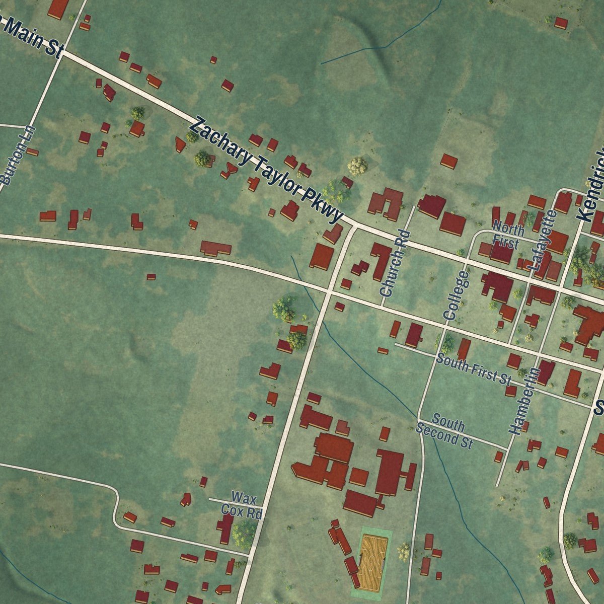 Close-up of the map of Greensburg, Louisiana print showing street and building detail