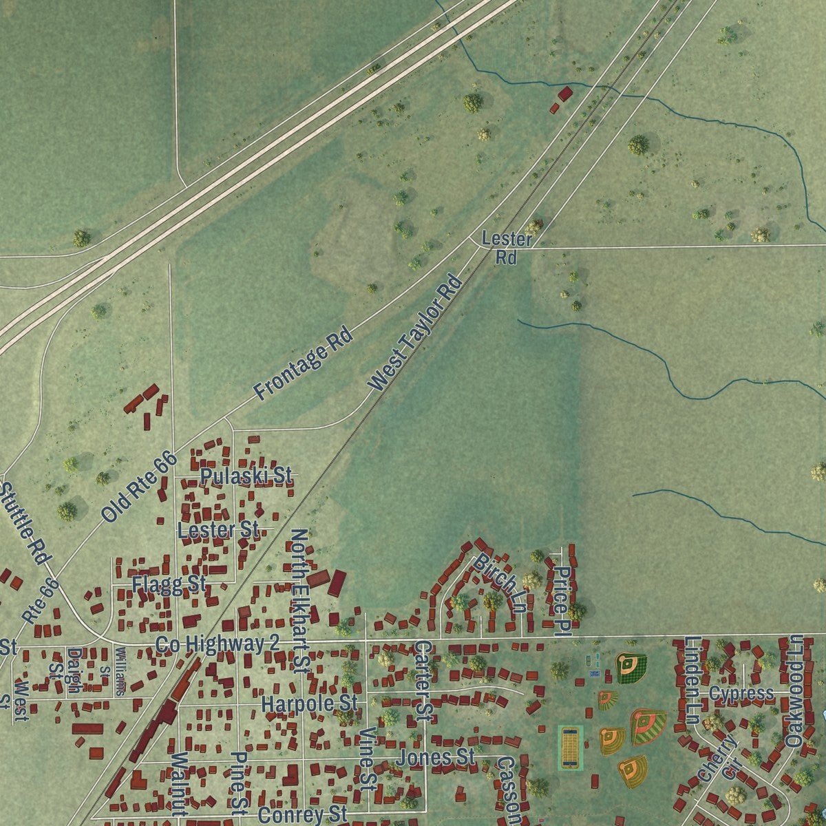 Close-up of the map of Williamsville, Illinois print showing street and building detail