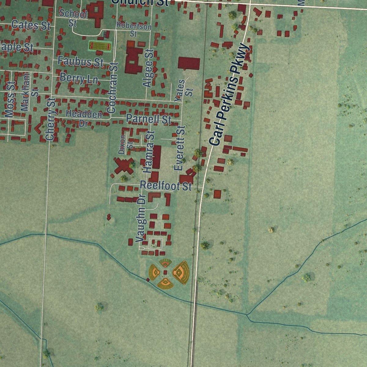 Close-up of the map of Tiptonville, Tennessee print showing street and building detail