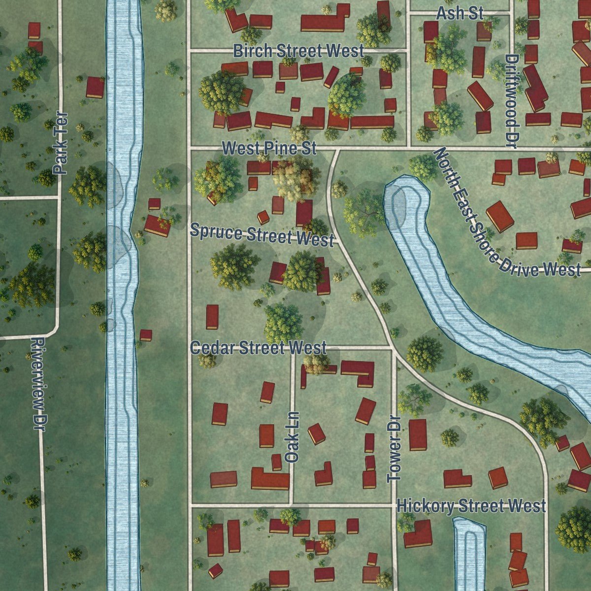 Close-up of the map of Holiday Hills, Illinois print showing street and building detail
