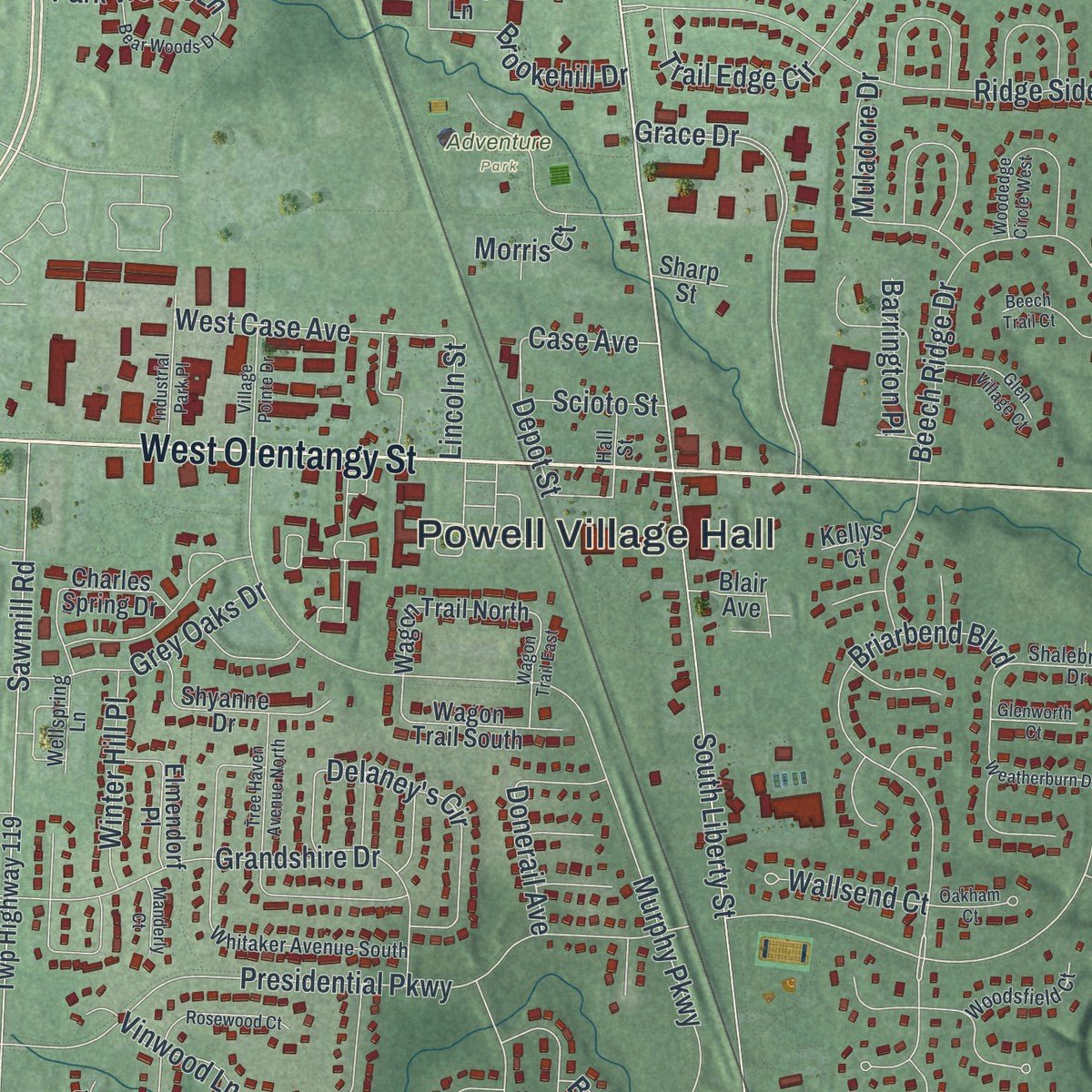 Close-up of the map of Powell, Ohio print showing street and building detail