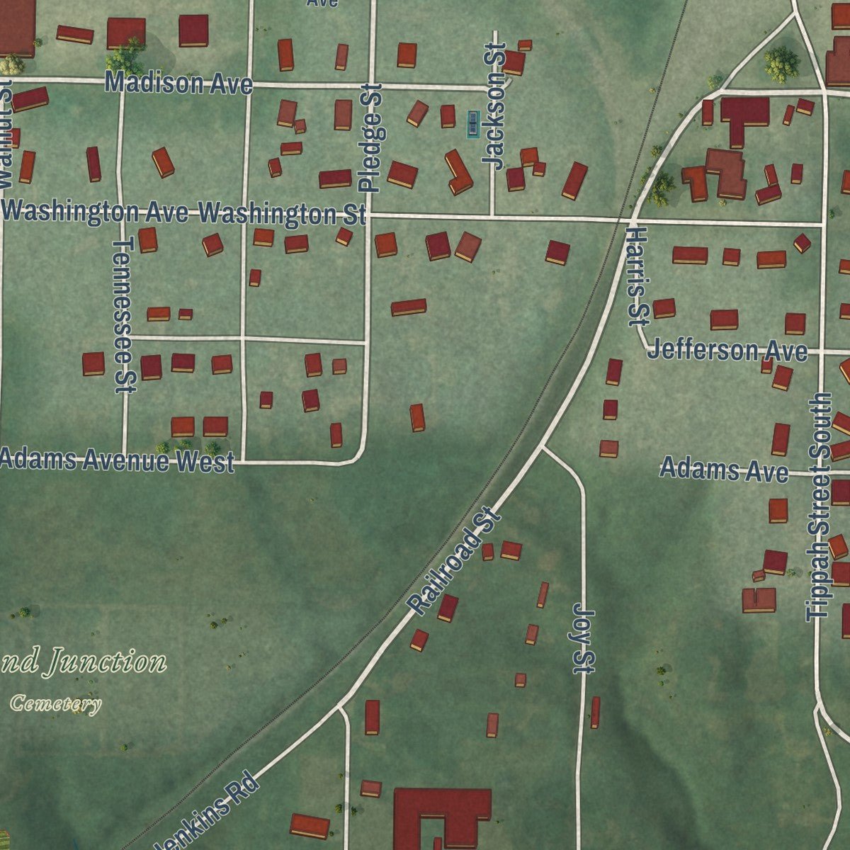 Close-up of the map of Grand Junction, Tennessee print showing street and building detail
