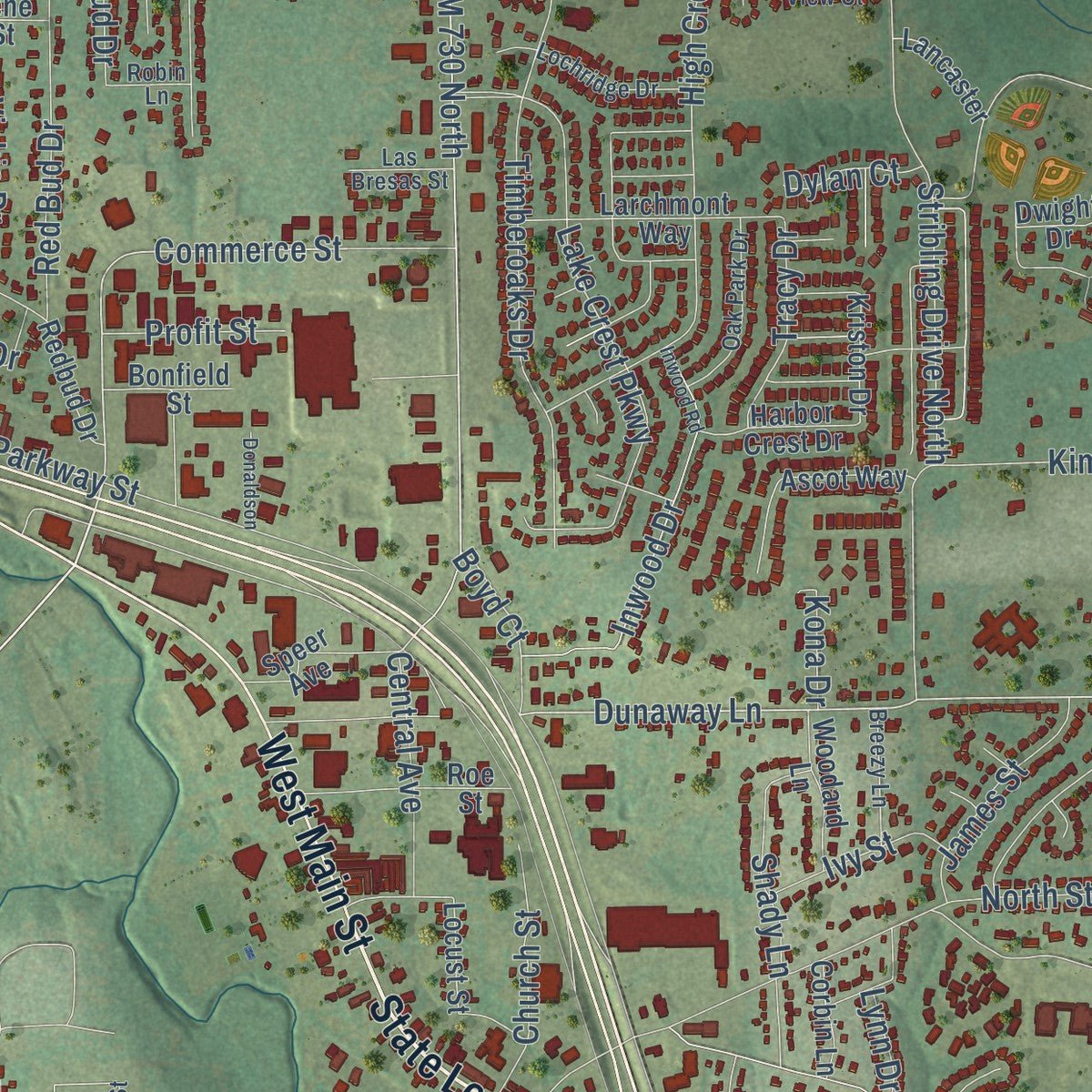 Close-up of the map of Azle, Texas print showing street and building detail