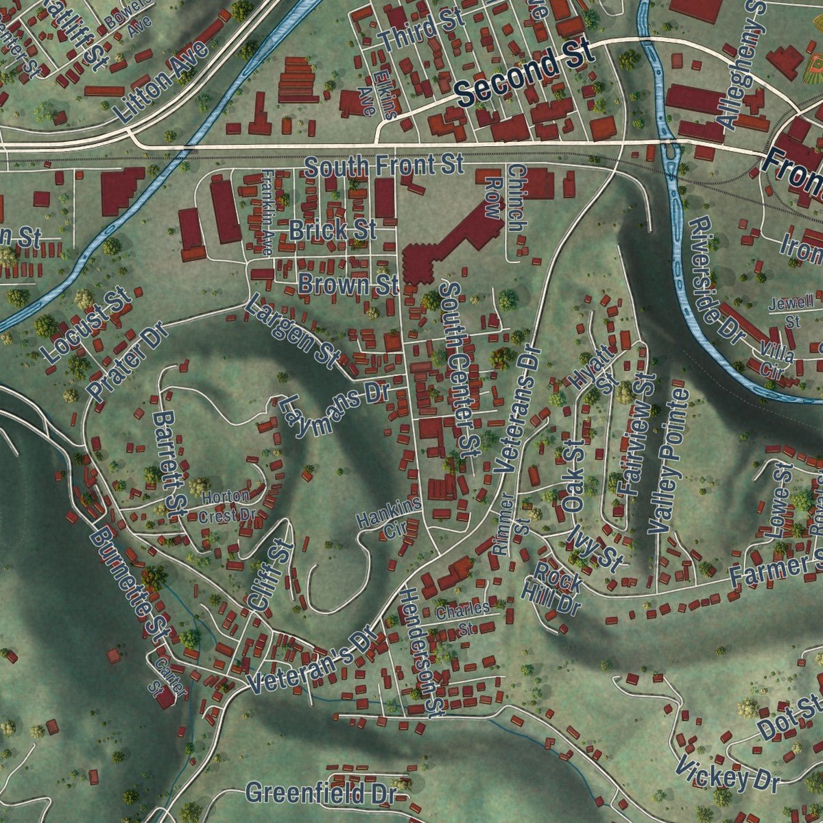 Close-up of the map of Richlands, Virginia print showing street and building detail