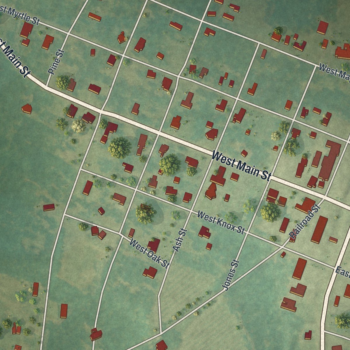 Close-up of the map of Uvalda, Georgia print showing street and building detail