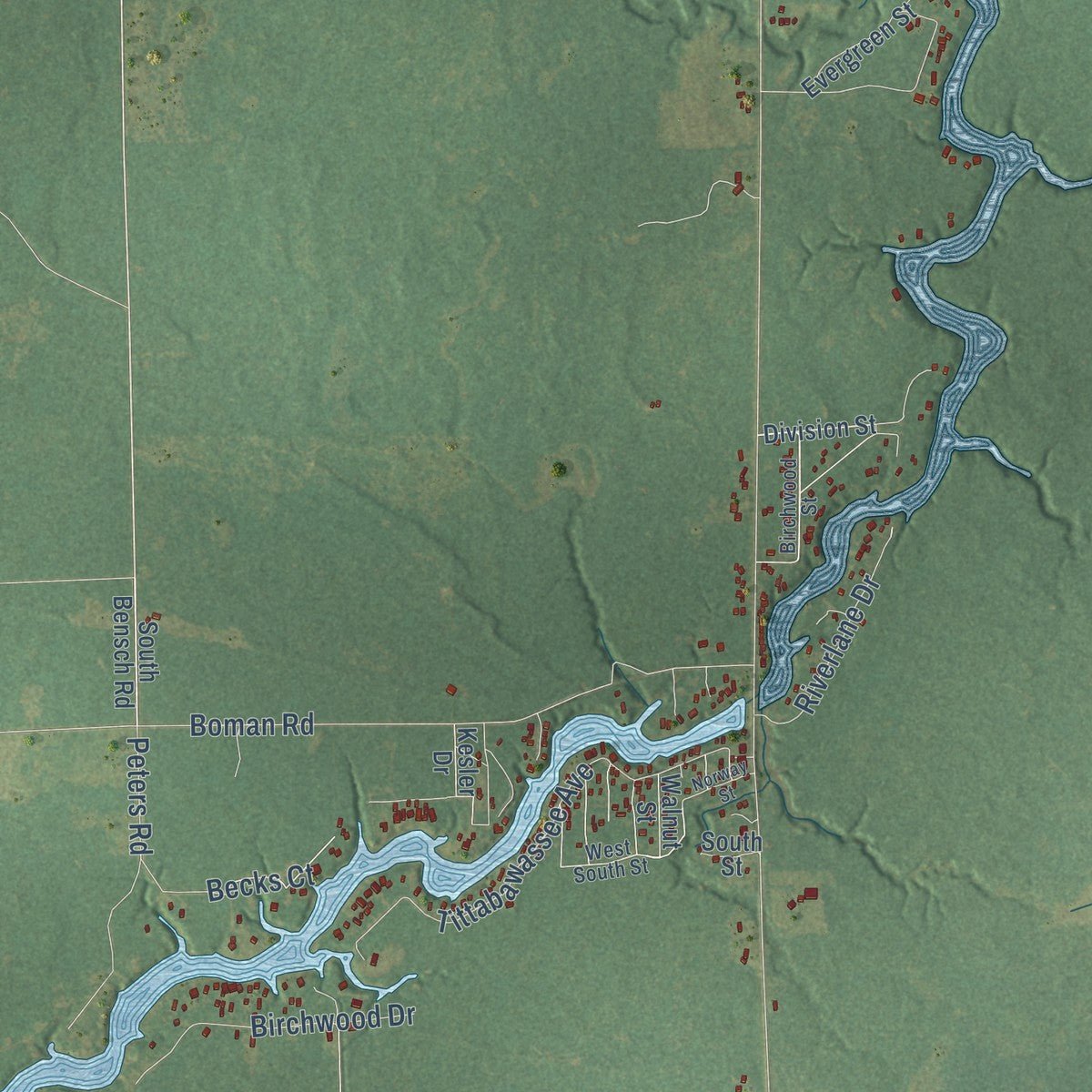 Close-up of the map of Bourret, Michigan print showing street and building detail