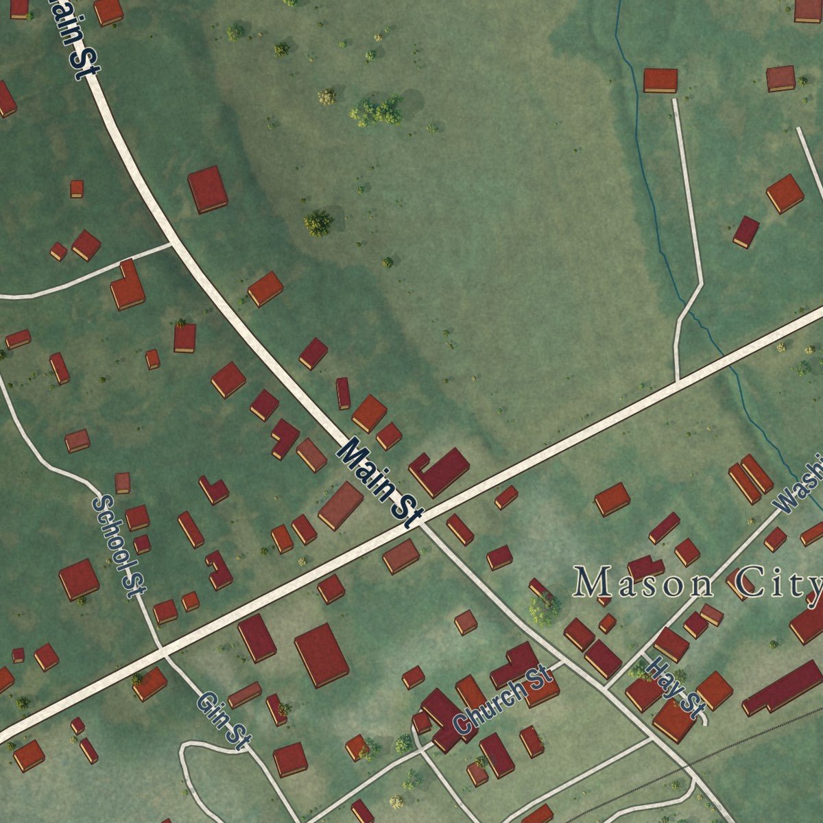 Close-up of the map of Mason, Tennessee print showing street and building detail