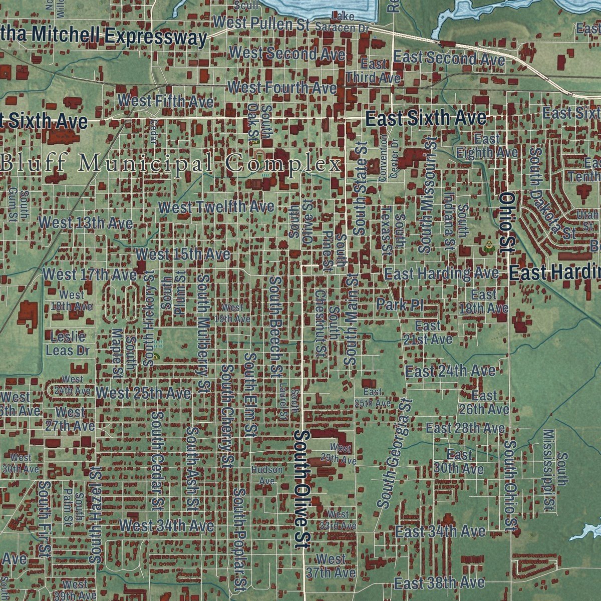 Close-up of the map of Pine Bluff, Arkansas print showing street and building detail