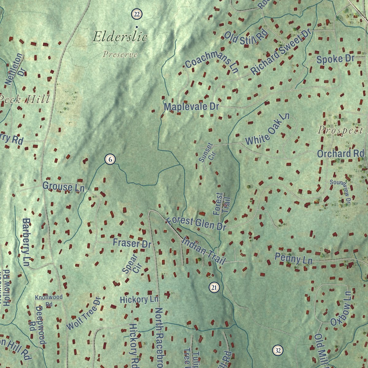 Close-up of the map of Woodbridge, Connecticut print showing street and building detail