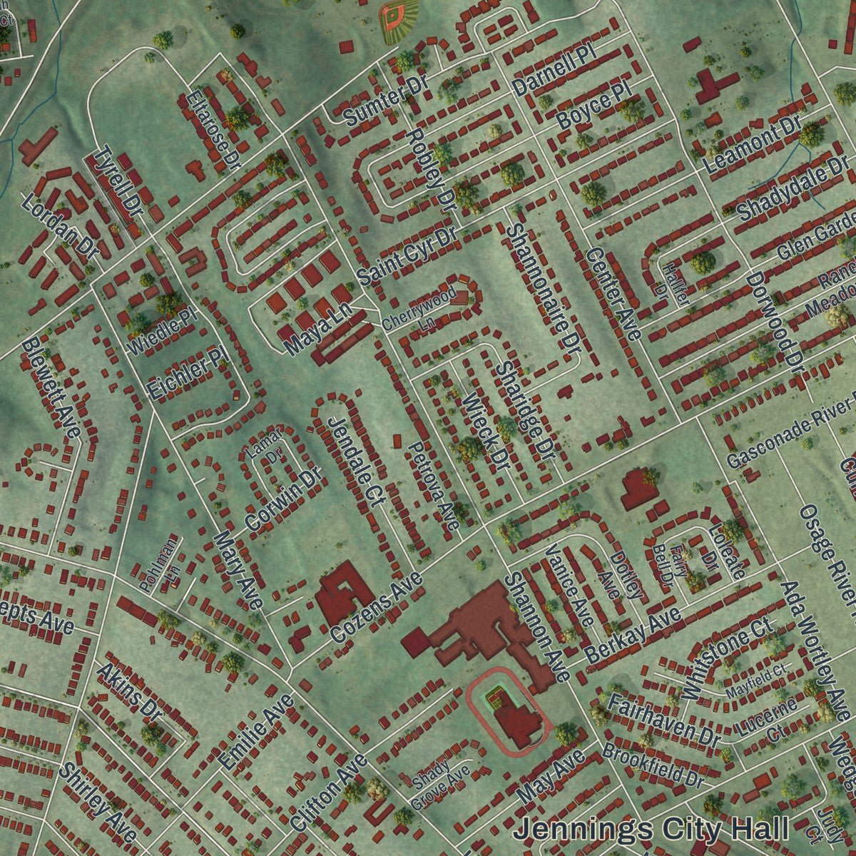Close-up of the map of Jennings, Missouri print showing street and building detail