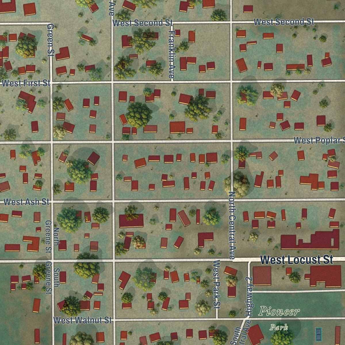 Close-up of the map of Waterville, Washington print showing street and building detail