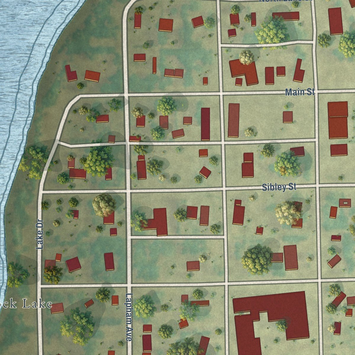 Close-up of the map of Rocklake, North Dakota print showing street and building detail