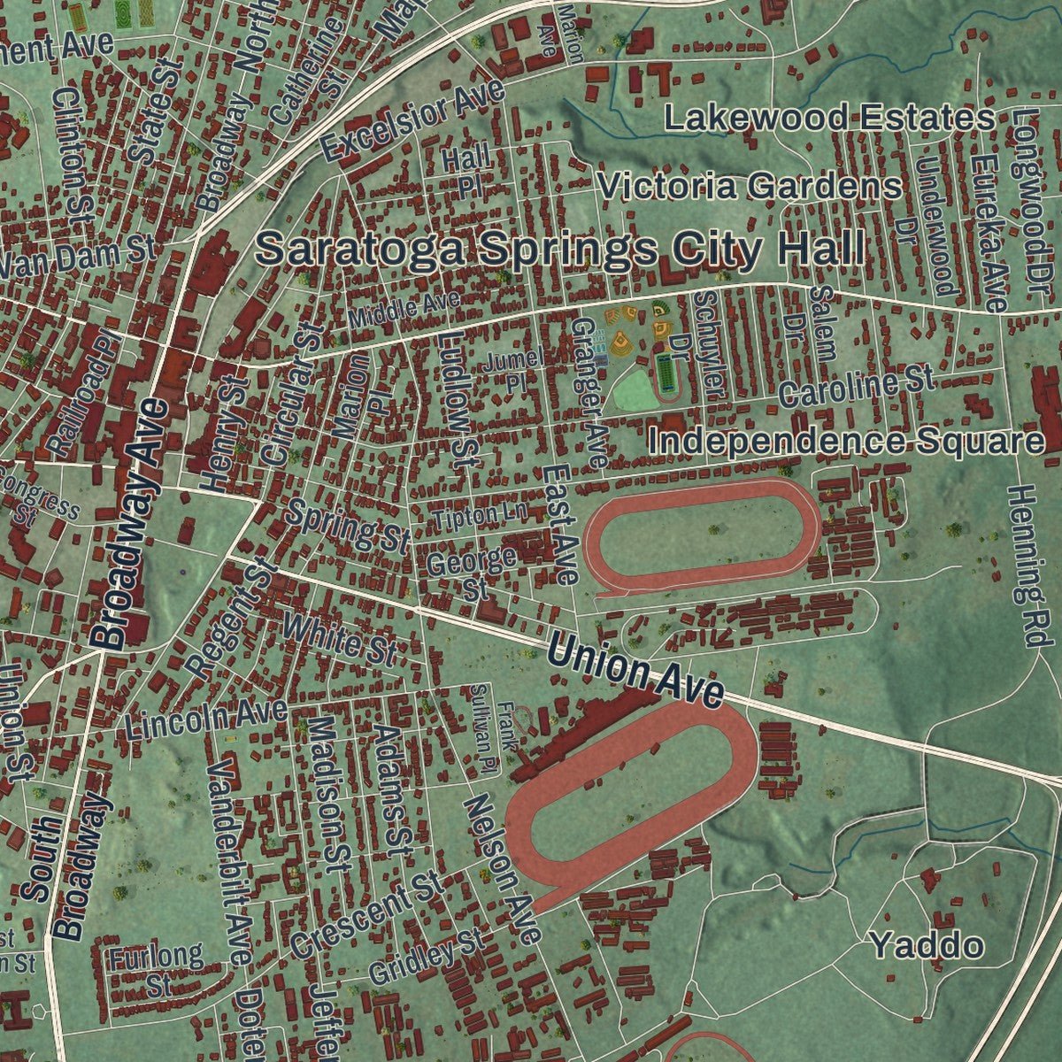 Close-up of the map of Saratoga Springs, New York print showing street and building detail