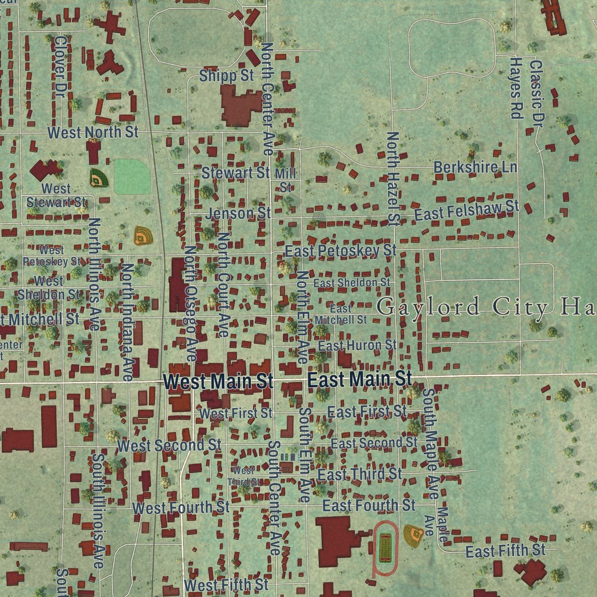 Close-up of the map of Gaylord, Michigan print showing street and building detail