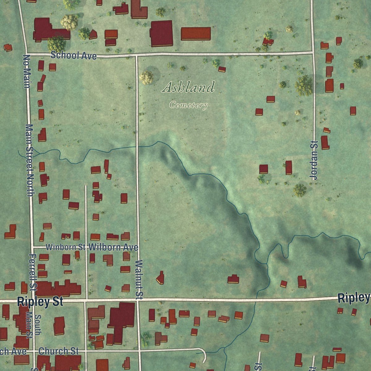 Close-up of the map of Ashland, Mississippi print showing street and building detail