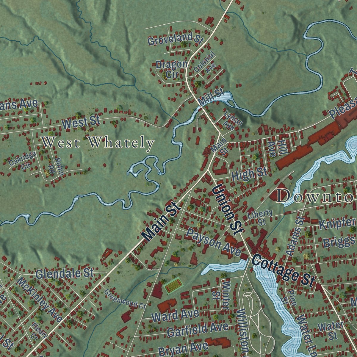 Close-up of the map of Easthampton, Massachusetts print showing street and building detail