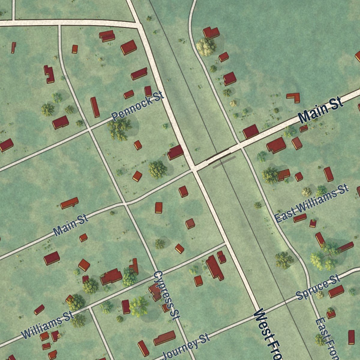 Close-up of the map of Rodessa, Louisiana print showing street and building detail