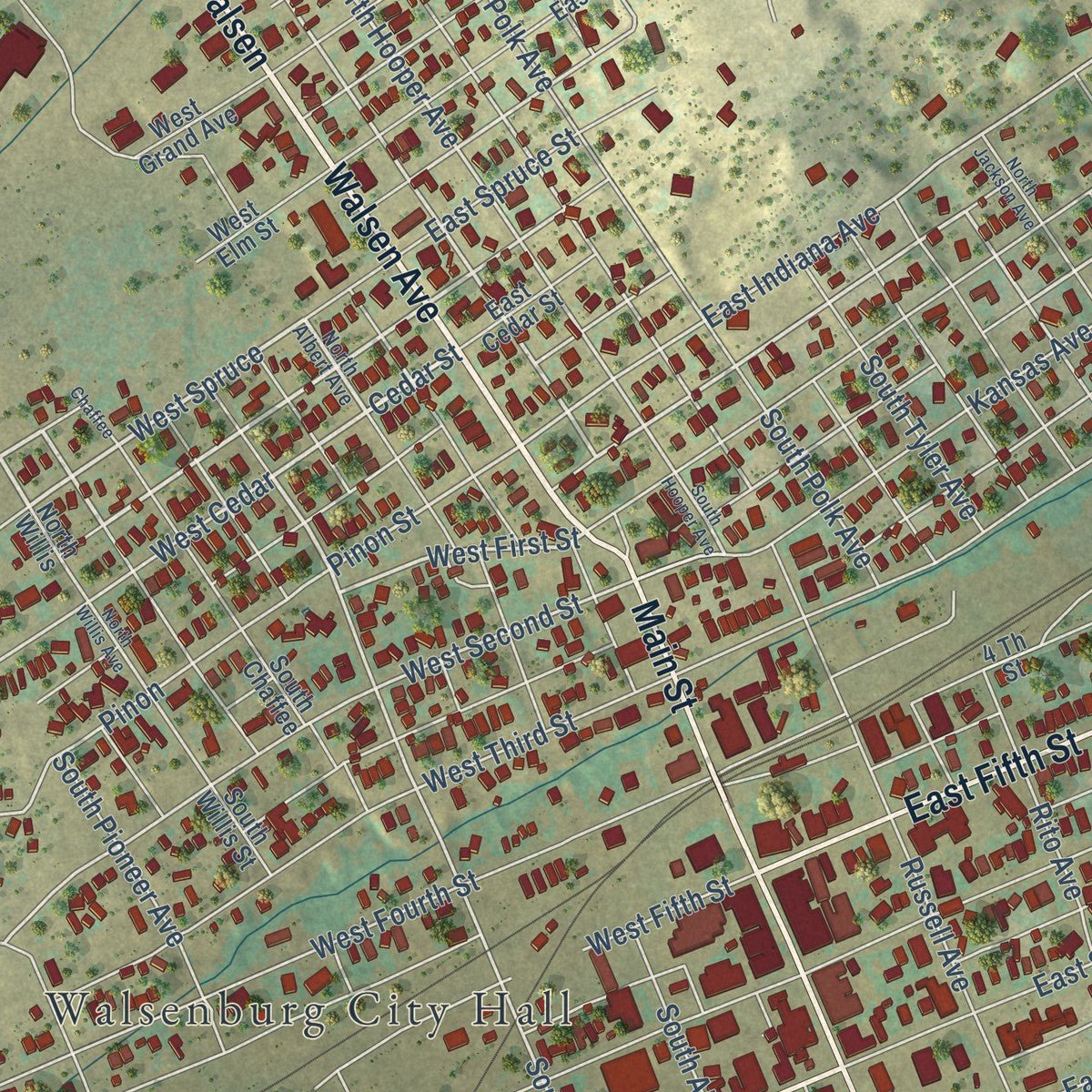 Close-up of the map of Walsenburg, Colorado print showing street and building detail