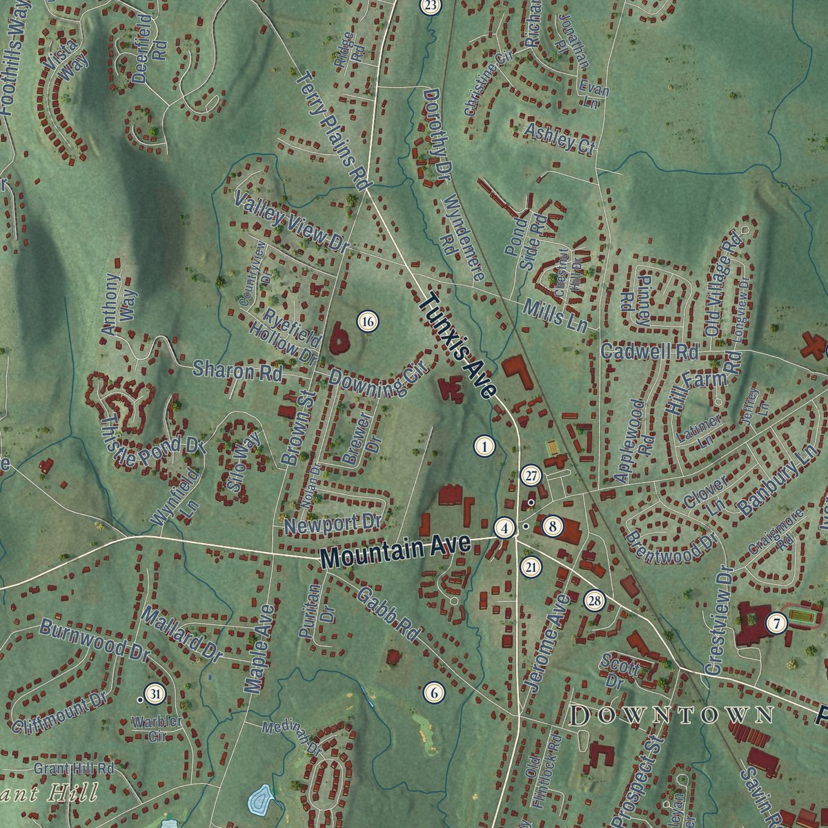 Close-up of the map of Bloomfield, Connecticut print showing street and building detail