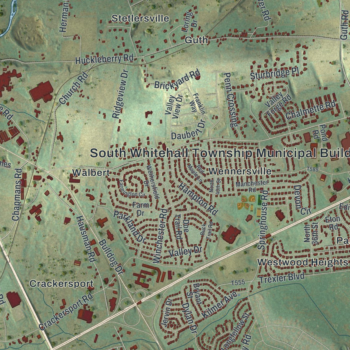Close-up of the map of South Whitehall, Pennsylvania print showing street and building detail
