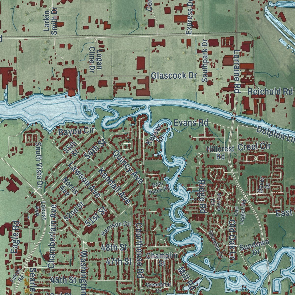 Close-up of the map of Gulfport, Mississippi print showing street and building detail