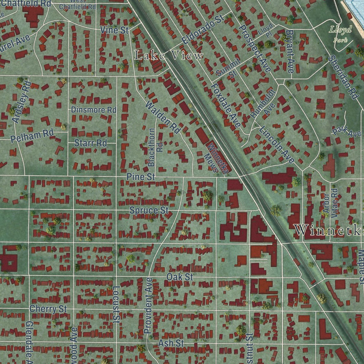 Close-up of the map of Winnetka, Illinois print showing street and building detail