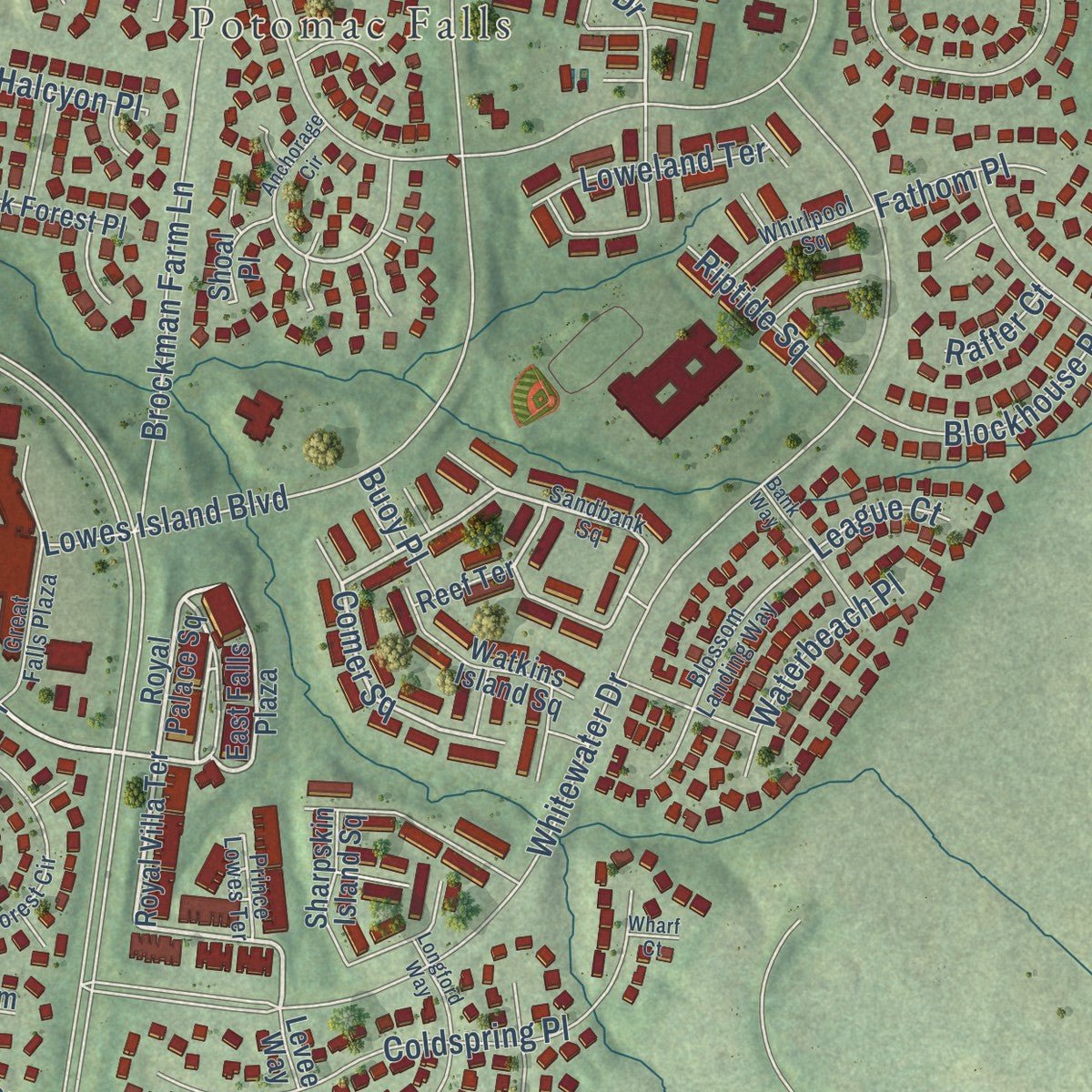 Close-up of the map of Lowes Island, Virginia print showing street and building detail