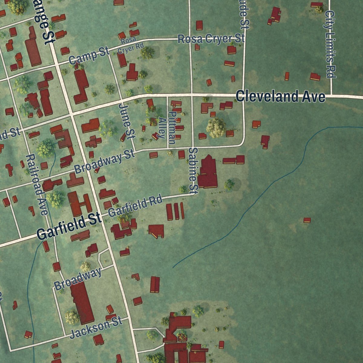 Close-up of the map of Folsom, Louisiana print showing street and building detail