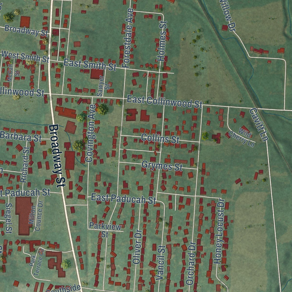 Close-up of the map of South Fulton, Tennessee print showing street and building detail